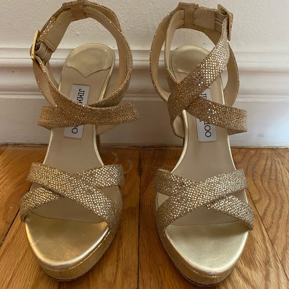 Jimmy Choo Vamp Platform Sandal in Gold Glitter